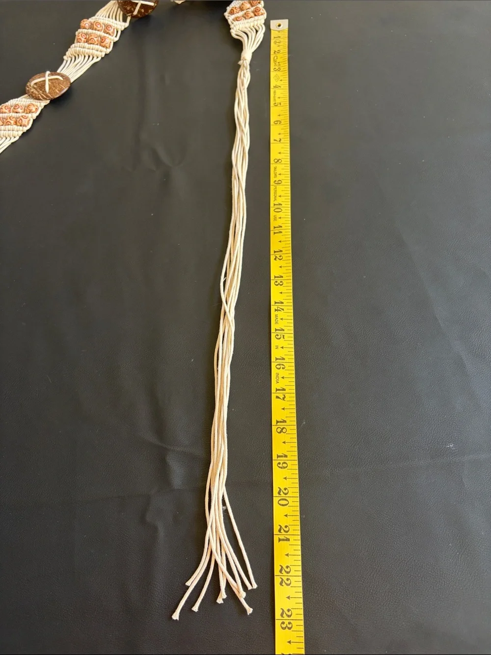 Vintage Style Boho Macramé Tie Belt Natural Wood Look Beads Adjustable Festival